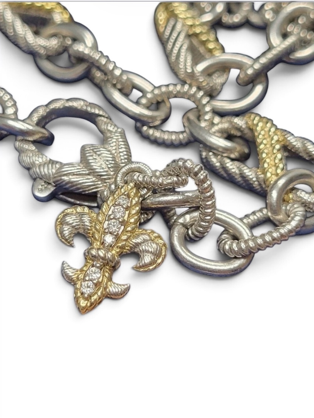 Judith Ripka Sterling Silver with gold accents Fleur-de-Lis Link Necklace 18” - Picture 2 of 10